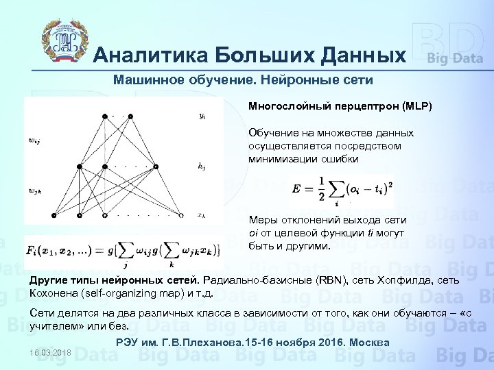 Аналитика Больших Данных Машинное обучение. Нейронные сети Многослойный перцептрон (MLP) Обучение на множестве данных