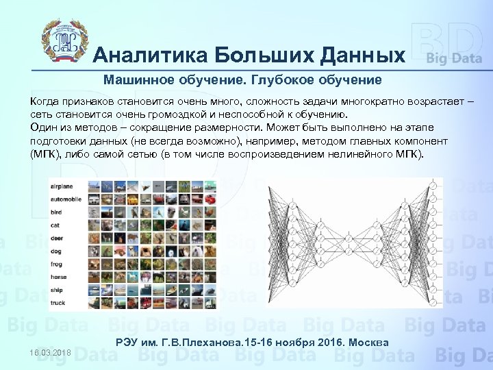 Аналитика Больших Данных Машинное обучение. Глубокое обучение Когда признаков становится очень много, сложность задачи