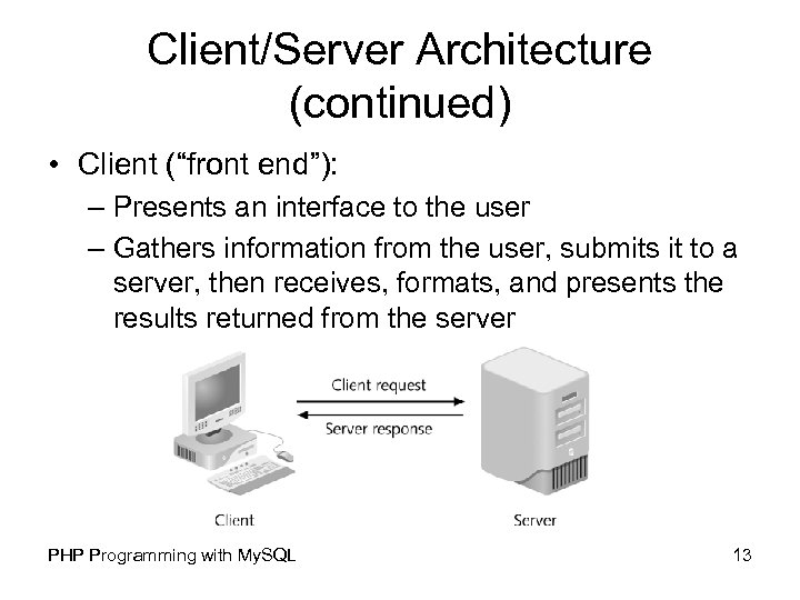 Client/Server Architecture (continued) • Client (“front end”): – Presents an interface to the user