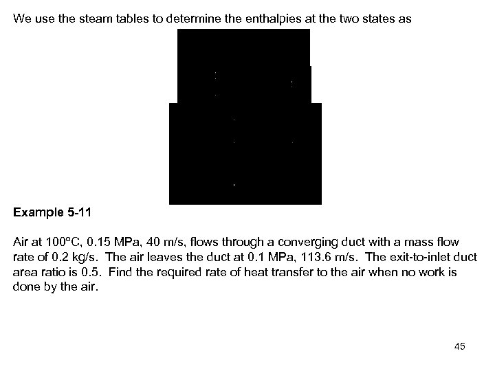 We use the steam tables to determine the enthalpies at the two states as