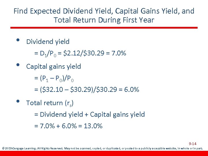 Find Expected Dividend Yield, Capital Gains Yield, and Total Return During First Year •