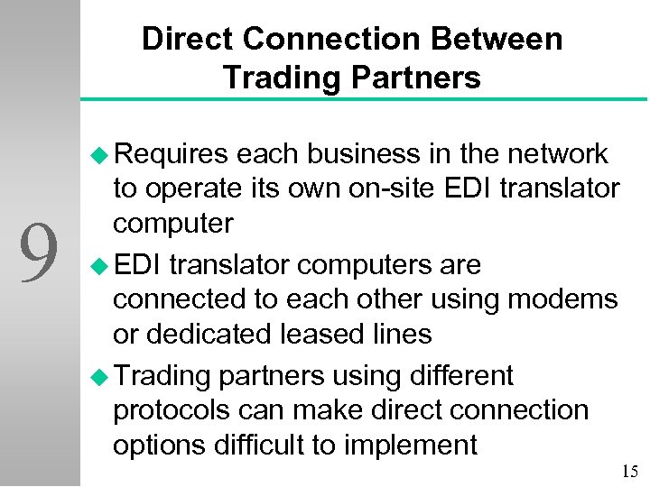 Direct Connection Between Trading Partners u Requires 9 each business in the network to