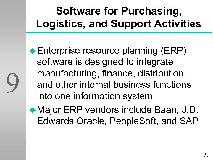 Software for Purchasing, Logistics, and Support Activities u Enterprise 9 resource planning (ERP) software