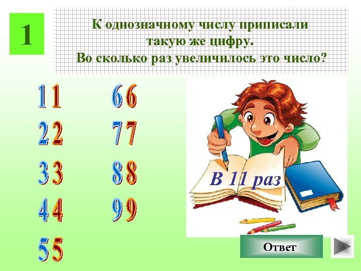1 К однозначному числу приписали такую же цифру. Во сколько раз увеличилось это число?