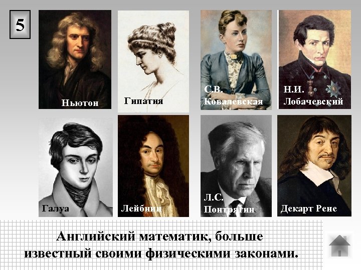 5 Ньютон Галуа Гипатия С. В. Ковалевская Н. И. Лобачевский Лейбниц Л. С. Понтрягин