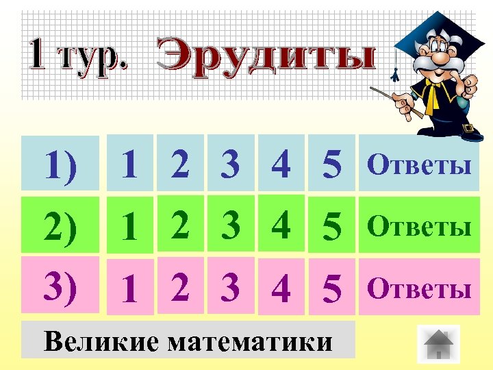 1) 2) 3) 1 2 3 4 5 Великие математики Ответы 