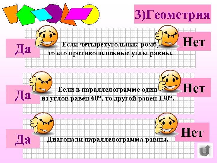 3)Геометрия Да Если четырехугольник-ромб, то его противоположные углы равны. Да Если в параллелограмме один