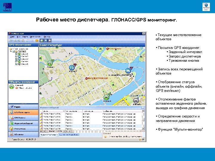 Рабочее место диспетчера. ГЛОНАСС/GPS мониторинг. • Текущее местоположение объектов • Посылка GPS координат: •