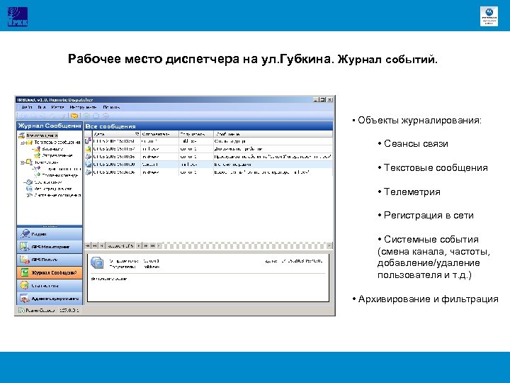 Рабочее место диспетчера на ул. Губкина. Журнал событий. • Объекты журналирования: • Сеансы связи