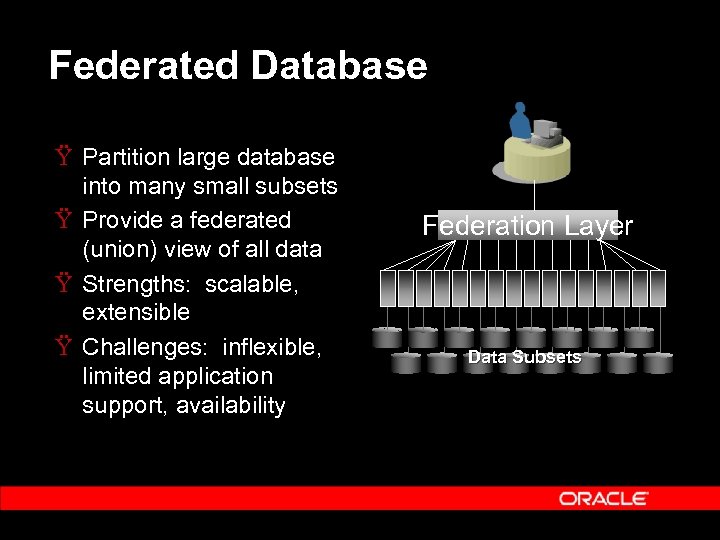 Federated Database Ÿ Partition large database into many small subsets Ÿ Provide a federated