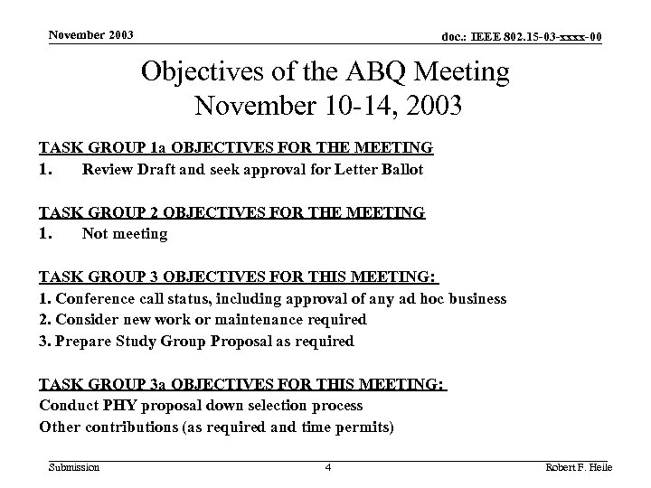 November 2003 doc. : IEEE 802. 15 -03 -xxxx-00 Objectives of the ABQ Meeting