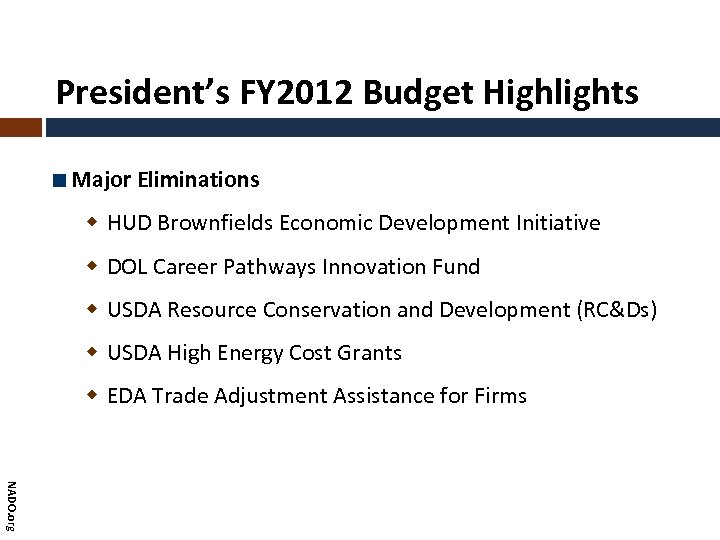 President’s FY 2012 Budget Highlights Major Eliminations HUD Brownfields Economic Development Initiative DOL Career