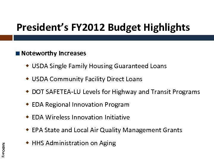 President’s FY 2012 Budget Highlights Noteworthy Increases USDA Single Family Housing Guaranteed Loans USDA