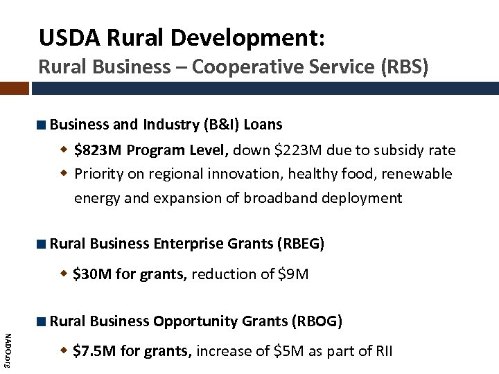 USDA Rural Development: Rural Business – Cooperative Service (RBS) Business and Industry (B&I) Loans