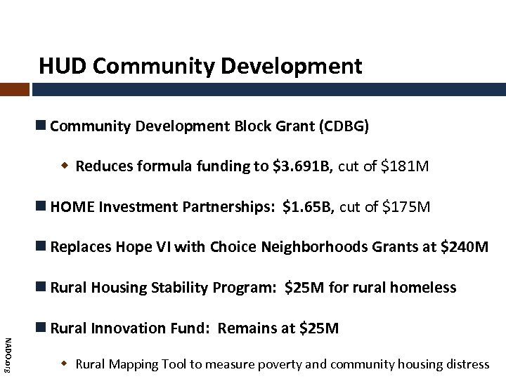 HUD Community Development Block Grant (CDBG) Reduces formula funding to $3. 691 B, cut