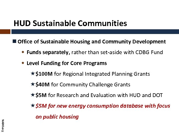 HUD Sustainable Communities Office of Sustainable Housing and Community Development Funds separately, rather than