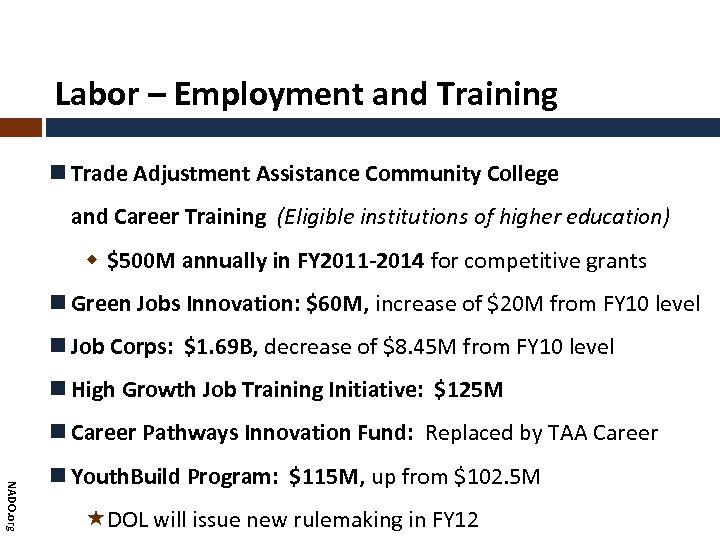 Labor – Employment and Training Trade Adjustment Assistance Community College and Career Training (Eligible