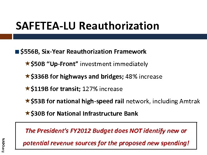 SAFETEA-LU Reauthorization $556 B, Six-Year Reauthorization Framework «$50 B “Up-Front” investment immediately «$336 B