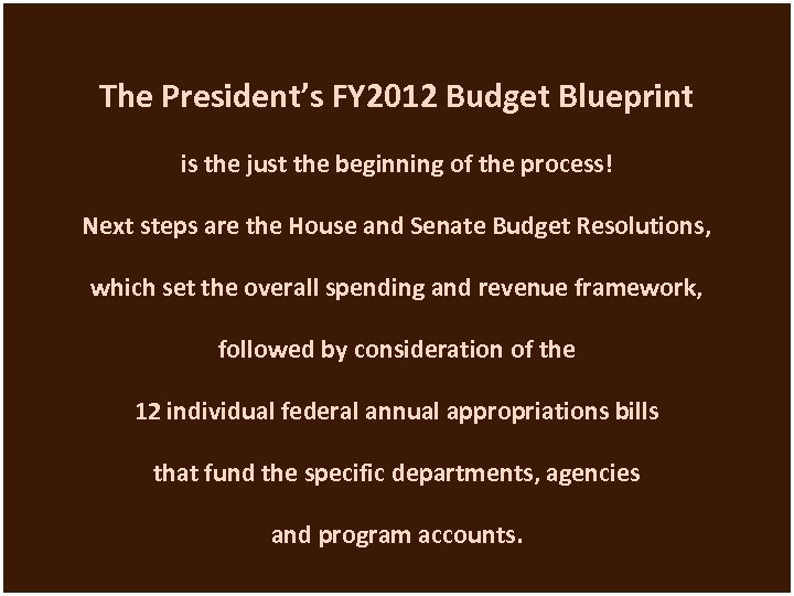 The President’s FY 2012 Budget Blueprint is the just the beginning of the process!