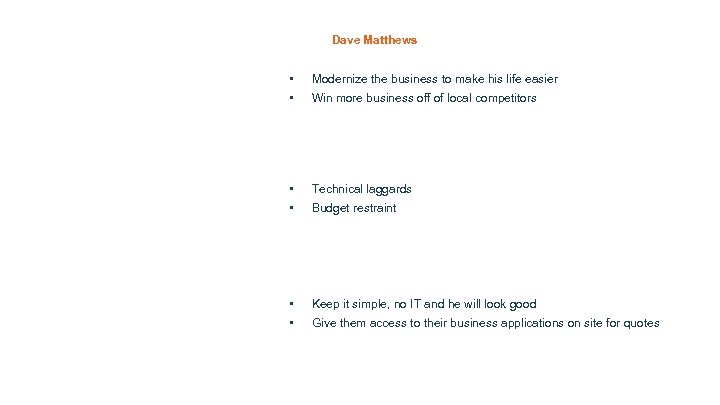 Dave Matthews • • Modernize the business to make his life easier • •