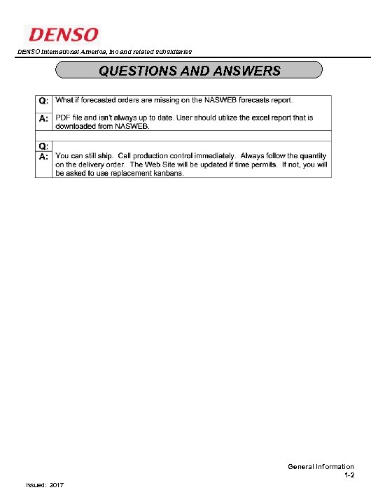 DENSO International America, Inc and related subsidiaries QUESTIONS AND ANSWERS General Information 1 -2