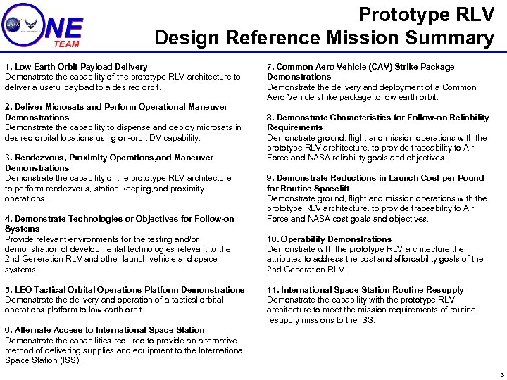 Prototype RLV Design Reference Mission Summary 1. Low Earth Orbit Payload Delivery Demonstrate the