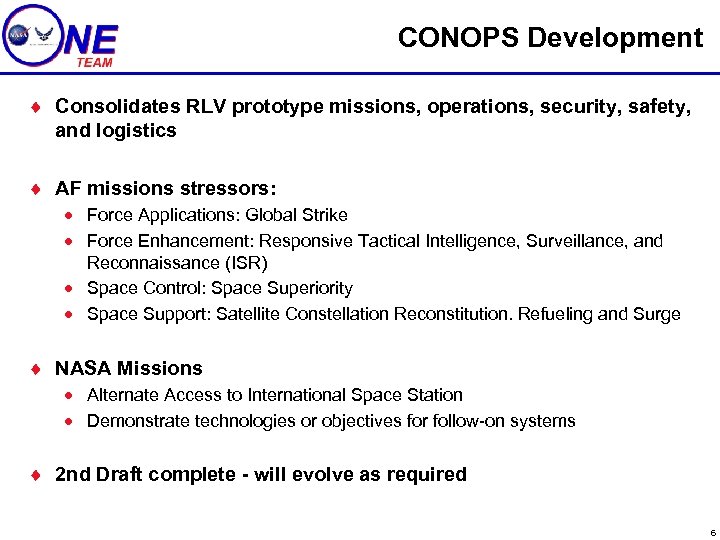 CONOPS Development ¨ Consolidates RLV prototype missions, operations, security, safety, and logistics ¨ AF