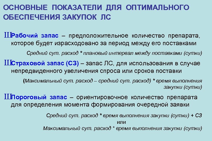 ОСНОВНЫЕ ПОКАЗАТЕЛИ ДЛЯ ОПТИМАЛЬНОГО ОБЕСПЕЧЕНИЯ ЗАКУПОК ЛС ШРабочий запас – предположительное количество препарата, которое