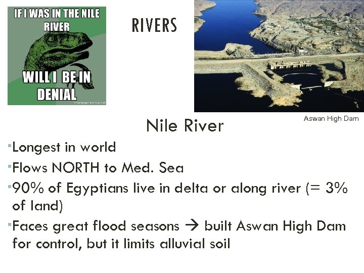 RIVERS Nile River Aswan High Dam Longest in world Flows NORTH to Med. Sea