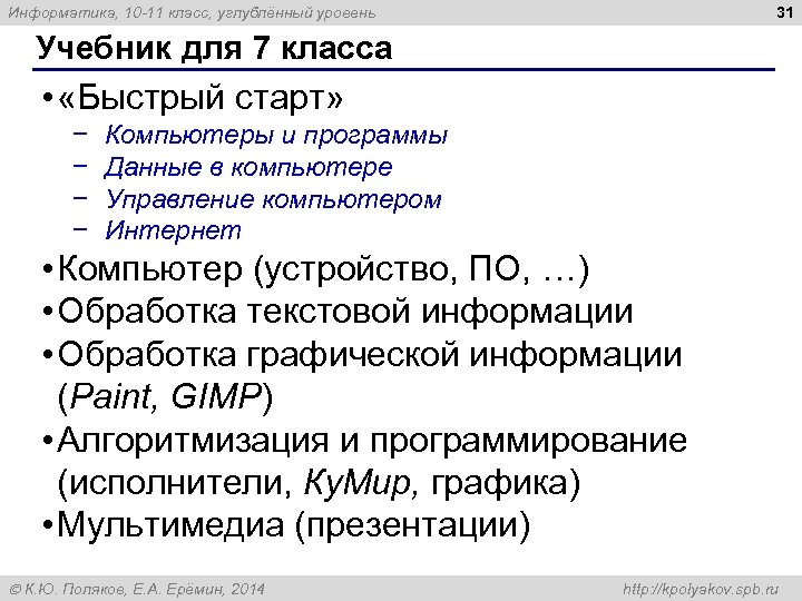 31 Информатика, 10 -11 класс, углублённый уровень Учебник для 7 класса • «Быстрый старт»