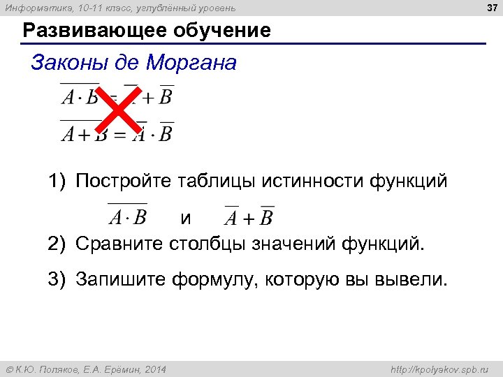 37 Информатика, 10 -11 класс, углублённый уровень Развивающее обучение Законы де Моргана 1) Постройте