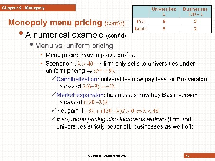 Chapter 9 - Monopoly Universities Monopoly menu pricing (cont’d) • A numerical example (cont’d)
