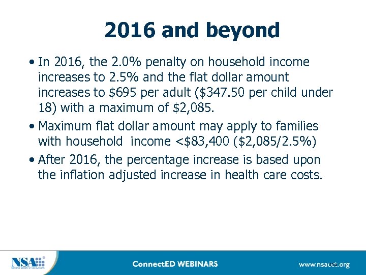 2016 and beyond • In 2016, the 2. 0% penalty on household income increases