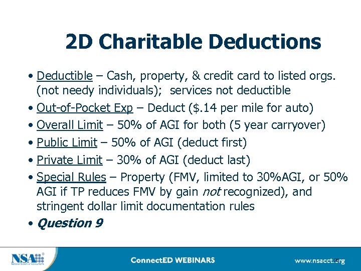 2 D Charitable Deductions • Deductible – Cash, property, & credit card to listed