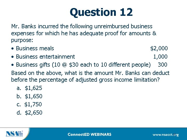 Question 12 Mr. Banks incurred the following unreimbursed business expenses for which he has