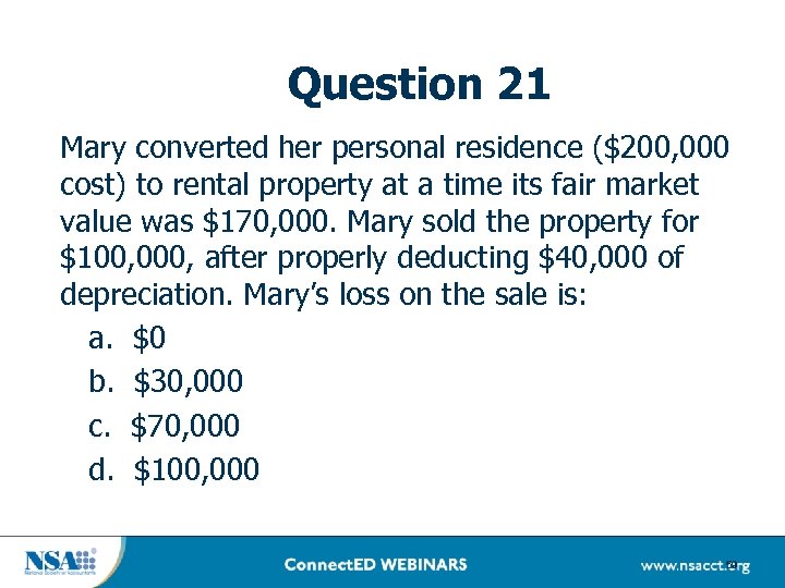 Question 21 Mary converted her personal residence ($200, 000 cost) to rental property at