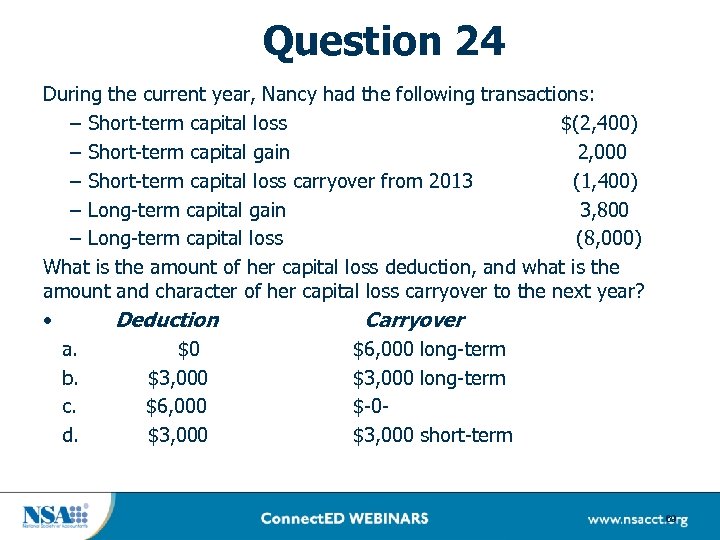 Question 24 During the current year, Nancy had the following transactions: – Short-term capital