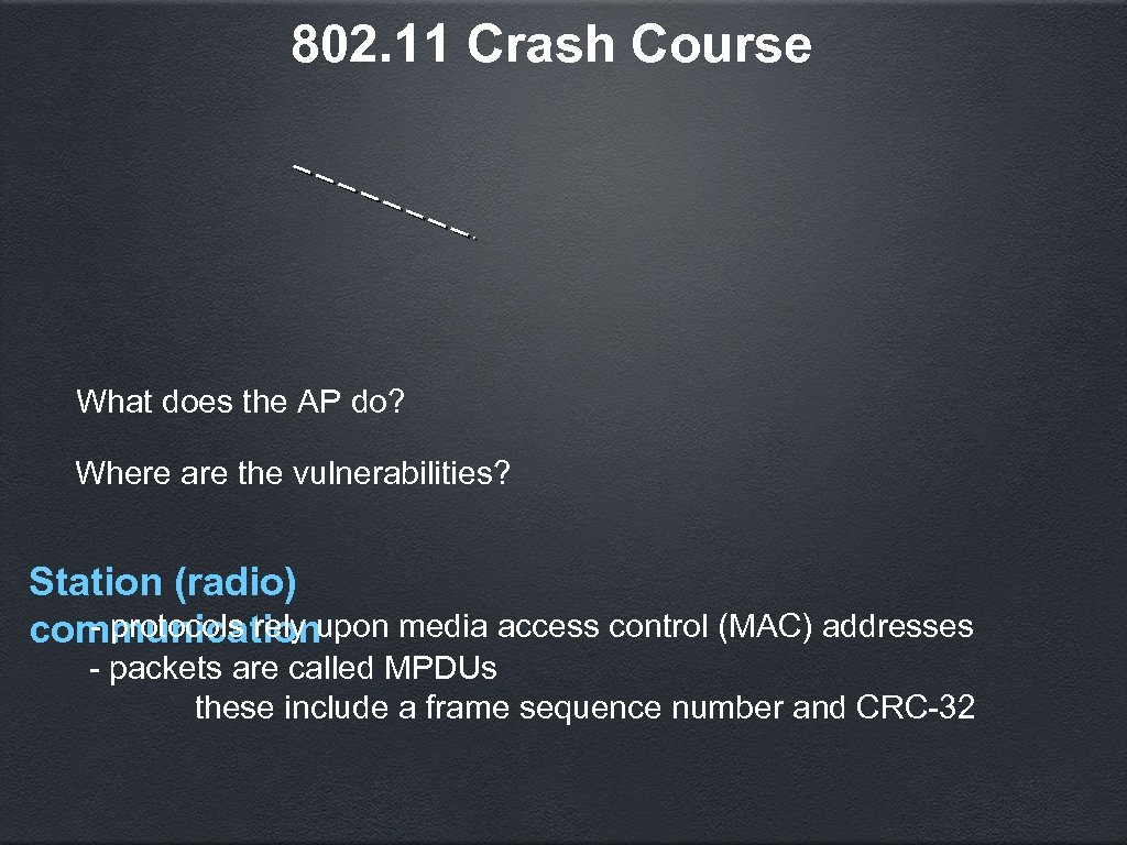 802. 11 Crash Course What does the AP do? Where are the vulnerabilities? Station