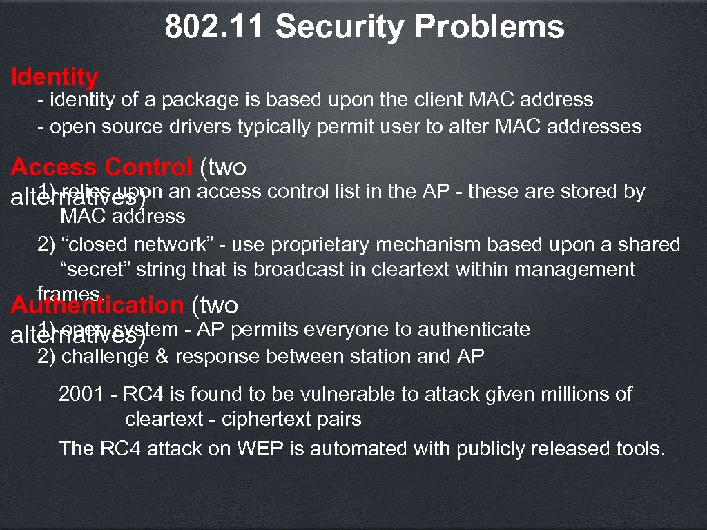 802. 11 Security Problems Identity - identity of a package is based upon the