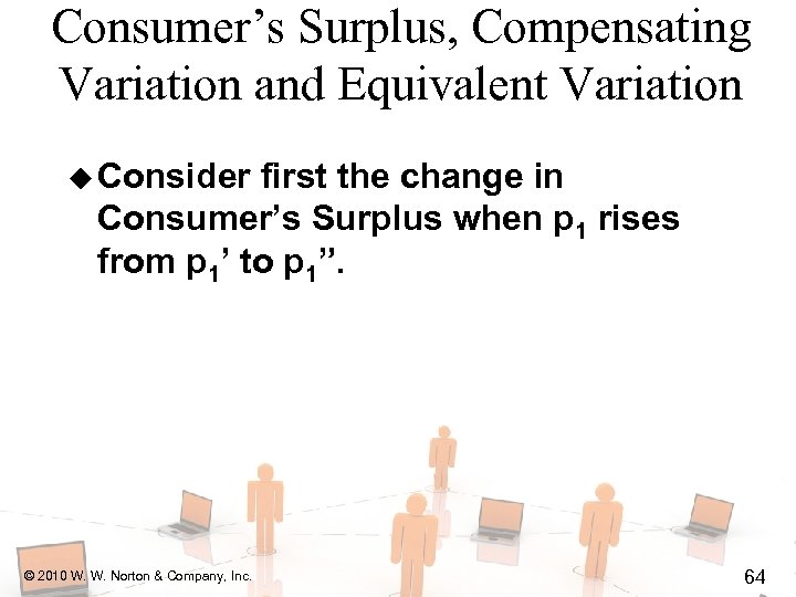 Consumer’s Surplus, Compensating Variation and Equivalent Variation u Consider first the change in Consumer’s