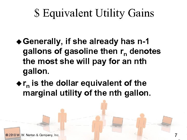 $ Equivalent Utility Gains u Generally, if she already has n-1 gallons of gasoline