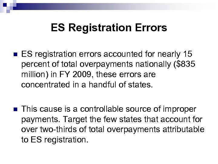 ES Registration Errors n ES registration errors accounted for nearly 15 percent of total