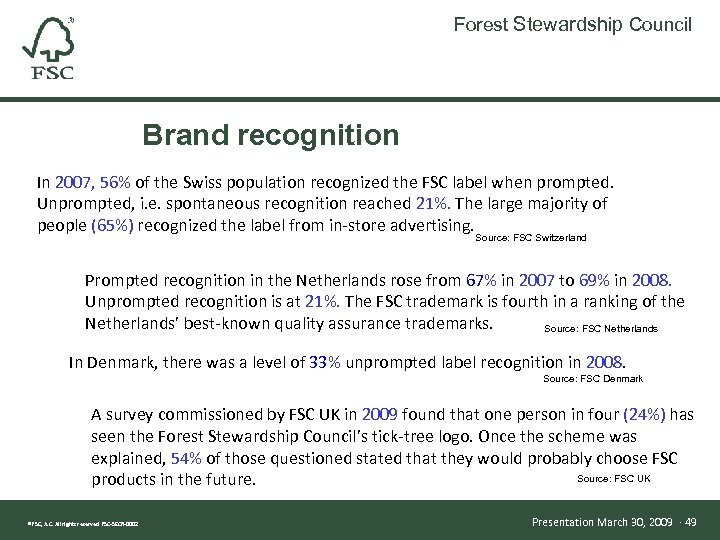 Forest Stewardship Council Brand recognition In 2007, 56% of the Swiss population recognized the