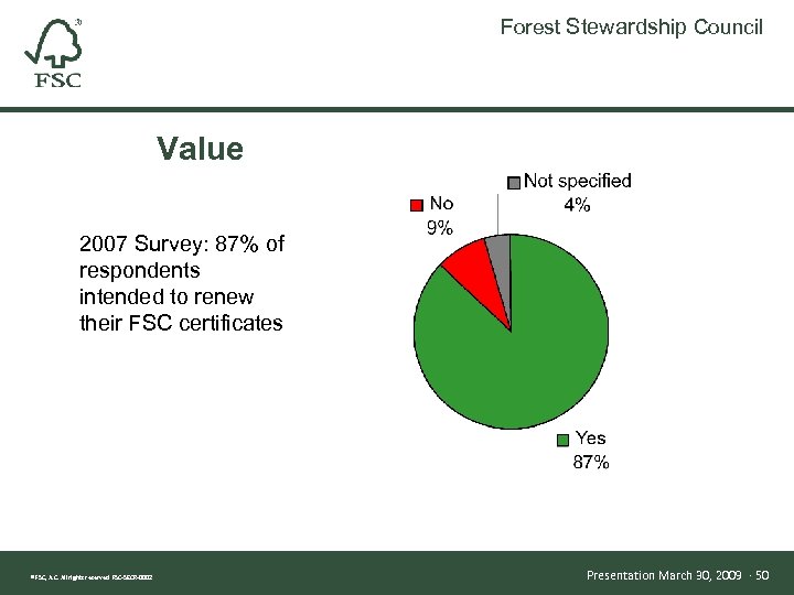 Forest Stewardship Council Value 2007 Survey: 87% of respondents intended to renew their FSC