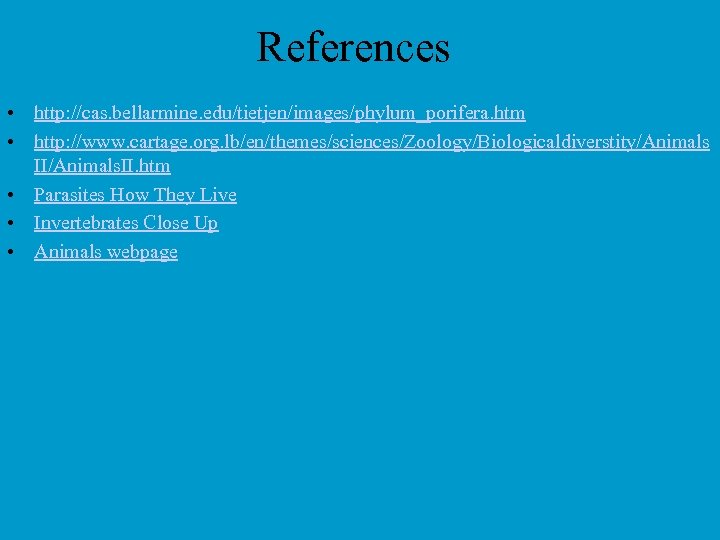 References • http: //cas. bellarmine. edu/tietjen/images/phylum_porifera. htm • http: //www. cartage. org. lb/en/themes/sciences/Zoology/Biologicaldiverstity/Animals II/Animals.