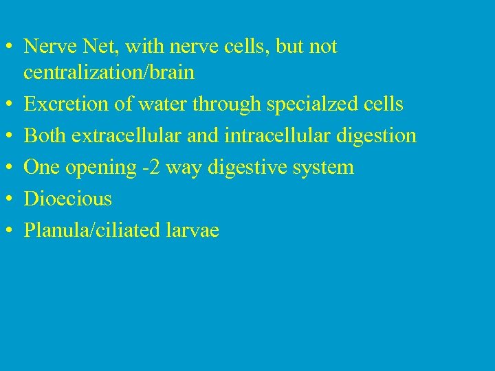  • Nerve Net, with nerve cells, but not centralization/brain • Excretion of water