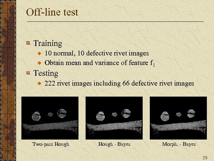 Off-line test Training 10 normal, 10 defective rivet images Obtain mean and variance of