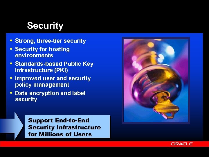 Security • Strong, three-tier security • Security for hosting environments • Standards-based Public Key