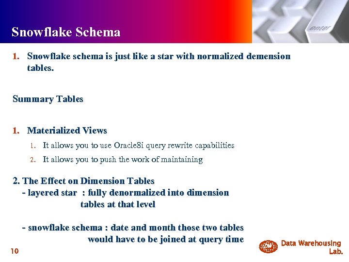 Snowflake Schema 1. Snowflake schema is just like a star with normalized demension tables.