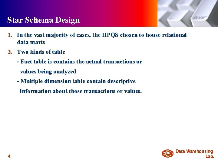 Star Schema Design 1. In the vast majority of cases, the HPQS chosen to